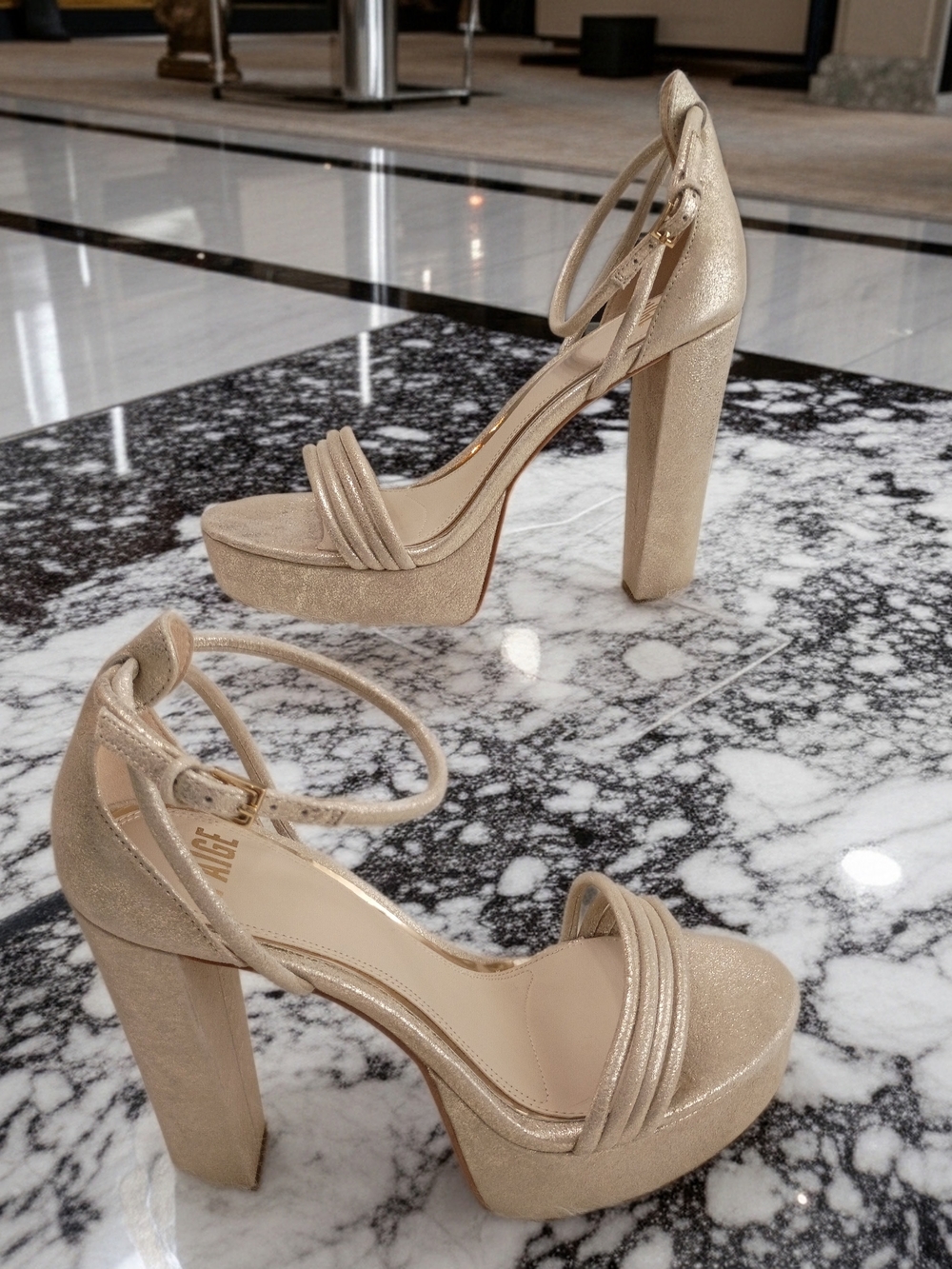 PAIGE Cat Gold Platform Ankle-Strap Heels Size 9.5